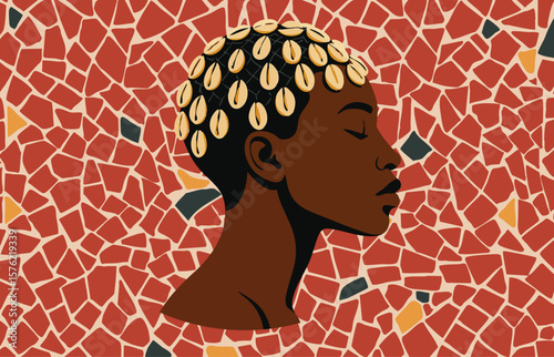 Afrofuturist portrait of a woman with cowrie shell hairstyle and closed eyes, surrounded by organic mosaic in red tones