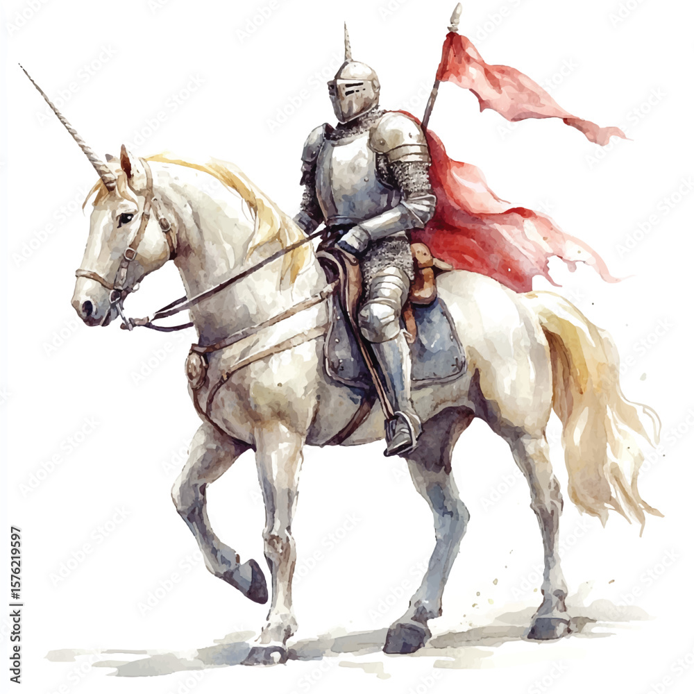 Fototapeta premium Knight in shining armor riding a unicorn with a red flag watercolor