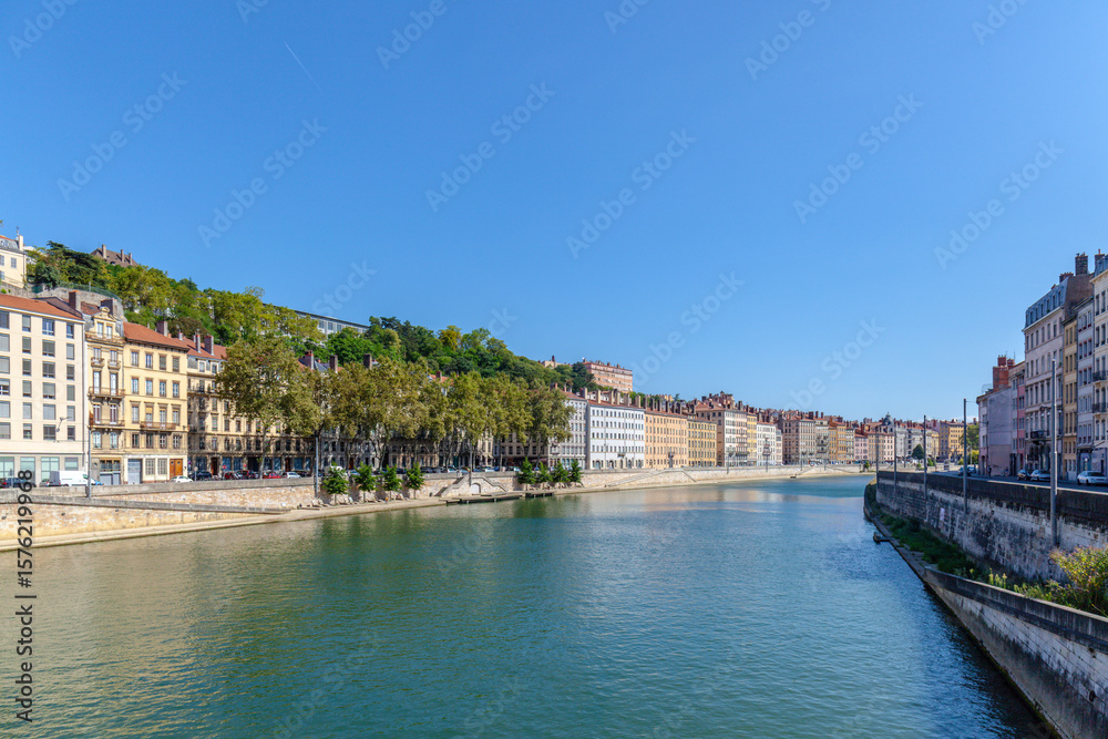 Naklejka premium View of skyline in Lyon with Saone river,France
