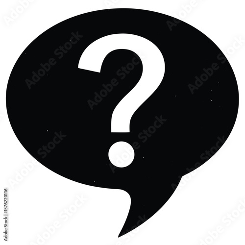 A white question mark is featured within a black speech bubble shape
