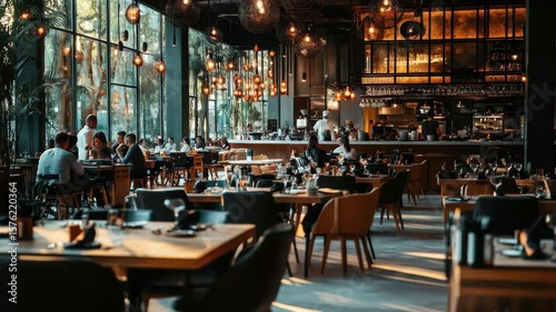 Modern restaurant interior with elegant decor and lively dining atmosphere during evening hours