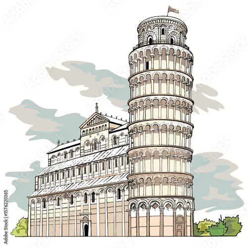 Leaning Tower of Pisa and Cathedral Sketch Architectural Marvel