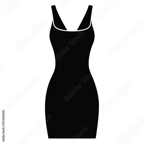 A formfitting black dress with thin straps and white trim stands alone with transparency