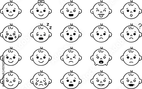 Collection of cute baby faces expressing various emotions in simple line art style