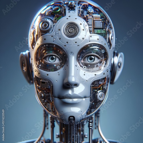 Sophisticated humanoid robot head, showcasing intricate internal mechanics and lifelike blue eyes, symbolizing artificial intelligence and future technology. Created with AI