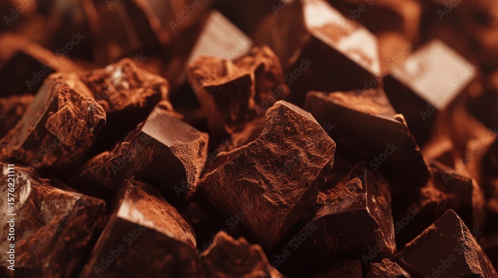 Close-up of dark chocolate chunks and cocoa powder. Close-up of dark chocolate chunks and cocoa powder.