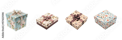A set of elegant gift boxes with ribbons – isolated on transparent background for festive design use