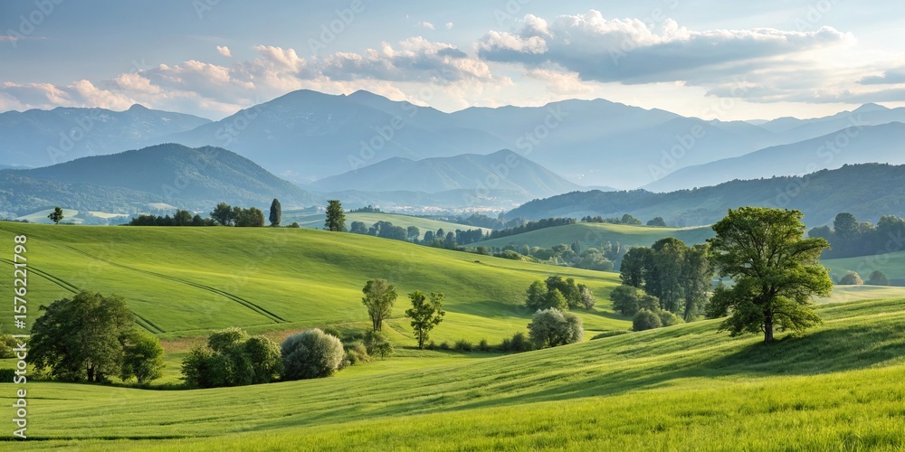Fototapeta premium Green Fields and Distant Mountains A Hilly Landscape, Scenery, Nature