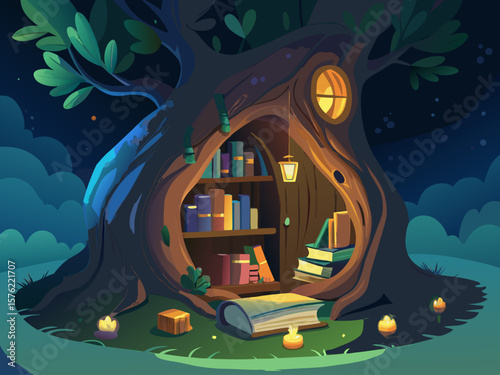 hidden library inside tree trunk  