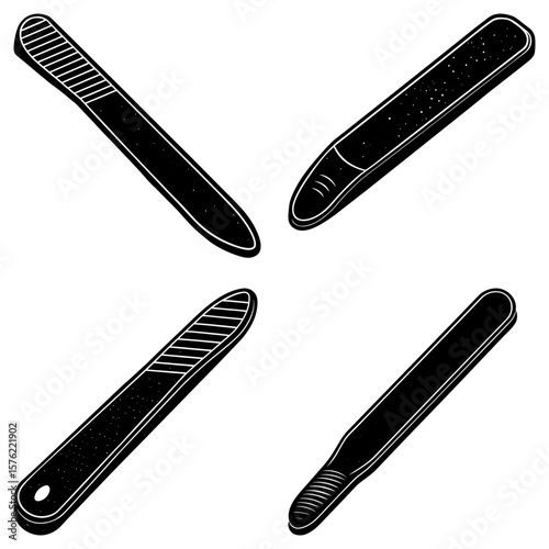 Four nail files are arranged in a square pattern with different textures and shapes on a white background