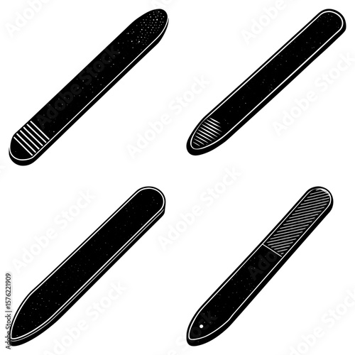 Four black and white nail files with different textures and shapes on a white background image style