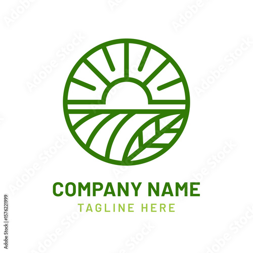 A serene farm landscape logo with a rising sun and green fields