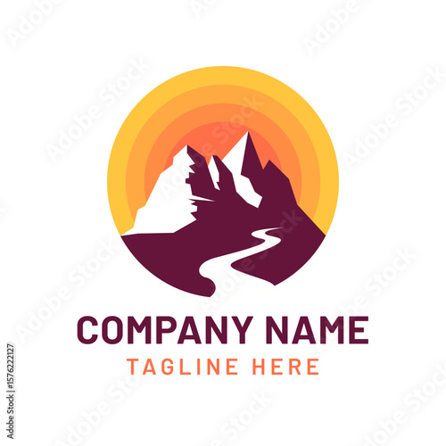 Serene Mountain Landscape Logo,  Warm Sunset, Winding River, Abstract Style, Corporate Branding.