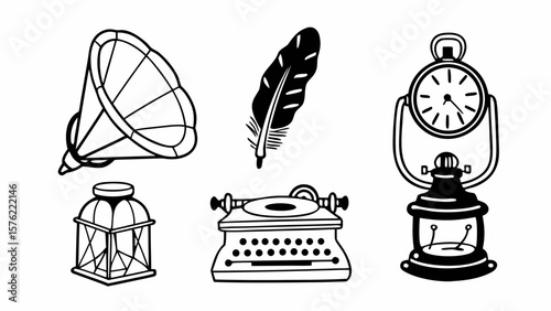 Illustration of vintage objects including phonograph, feather, typewriter and antique clock lamp created with generated ai