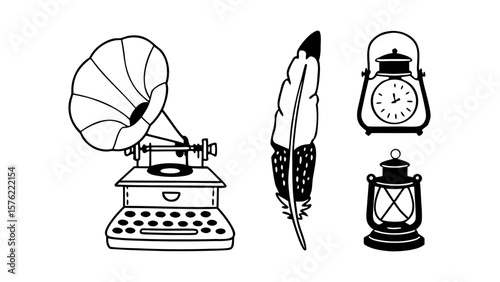 Illustration of a vintage phonograph, feather, clock, and lantern in black and white outline created with generated ai