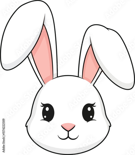 A cute cartoon bunny face with big eyes and long ears isolated on white background