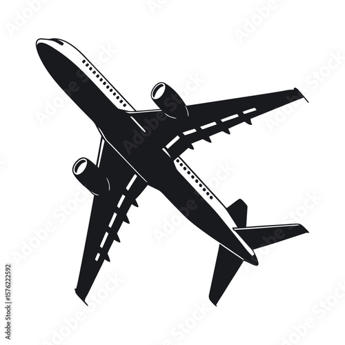 A sleek black silhouette of a modern passenger jet airplane in flight isolated on white background