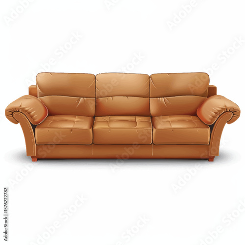 Luxurious Brown Leather Sofa with Rounded Arms and Detailed Stitching
