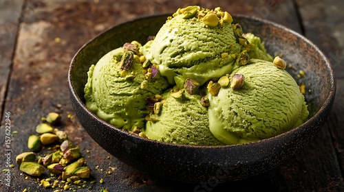 A bowl of vibrant green matcha ice cream topped with crushed pistachios