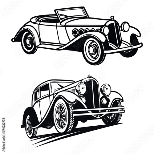 Two vintage classic cars in black and white line art style isolated on white background