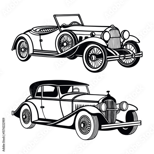 Two vintage convertible cars illustrated in black and white isolated on white background