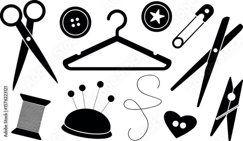 Collection of black sewing and crafting icons on a white background