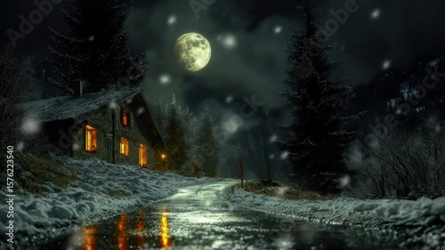 A stone cottage on a snowy hill at night with a full moon falling snow and a wet reflective path