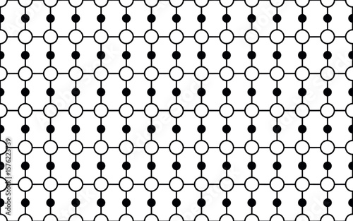 Geometric pattern of interconnected circles and dots in black and white