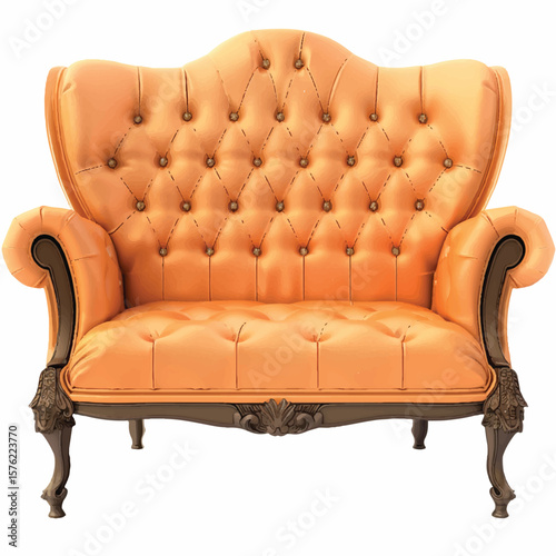 Luxurious Orange Tufted Armchair with Ornate Dark Wood Detailing and Carved Legs