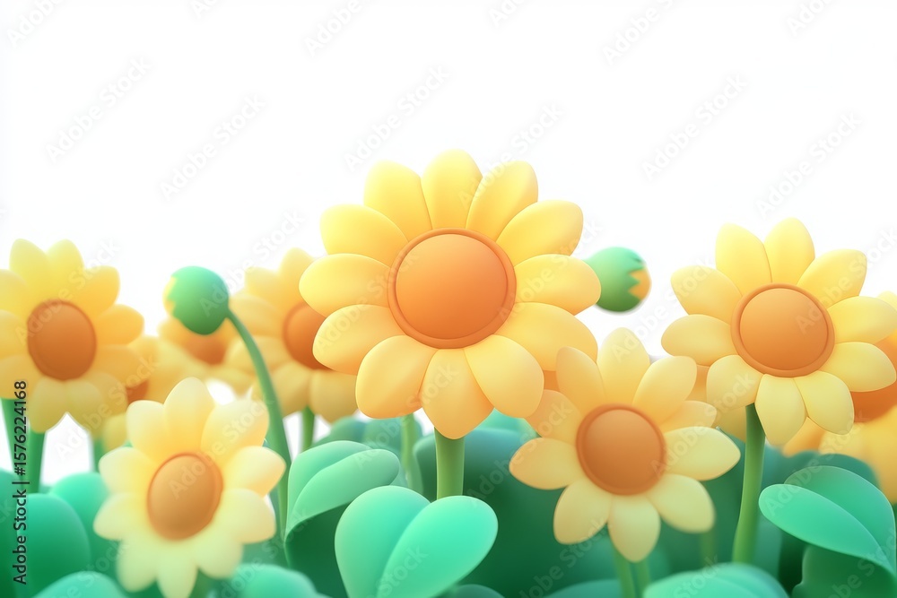 Obraz premium 3D cartoon sunflower field with golden yellow petals and green stems, ultra high definition isometric vector on white background
