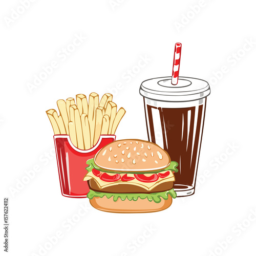 Delicious burger fries and soda drink fast food
