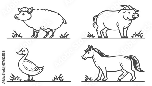 "Outlined icon pack of traditional barnyard animals, vector set including duckling, sheep, pig, ox, horse, and chick, minimalist black-and-white style"

