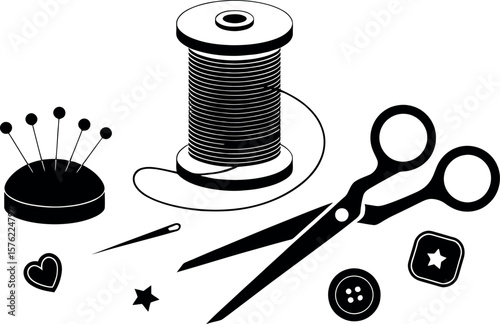 Black and white illustration of sewing supplies including thread spool scissors needle pins and buttons
