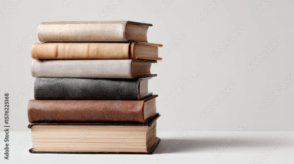 Naklejka premium A stack of old, leather-bound books on a white surface, perfect for reading and learning.