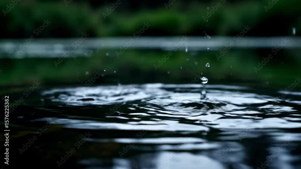 A drop of water creates a splash on a still pond surrounded by green vegetation A drop of water creates a splash on a still pond surrounded by green vegetation