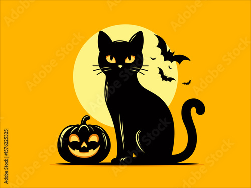 Halloween scary black cat. Halloween cat with pumpkin. Happy Halloween greeting card with Black cat. Black cat in witch hat cartoon character. Halloween Black cat silhouette. Orange background