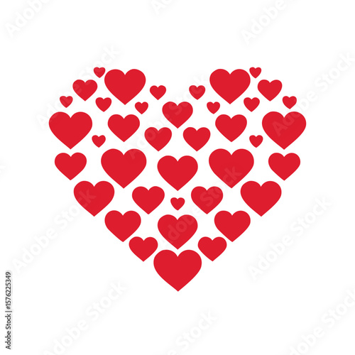 Red hearts forming a larger heart shape on a white background love romance