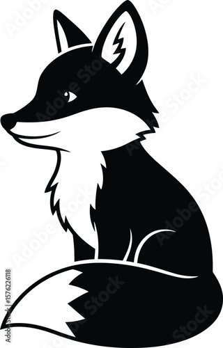A charming fox with a bushy tail sits gracefully, isolated on white background, showcasing its sleek silhouette and captivating gaze