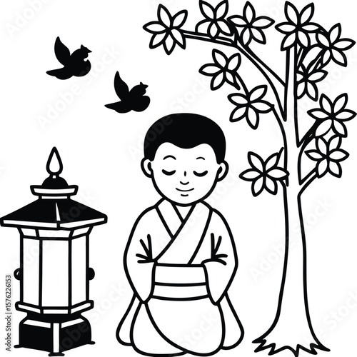 Serene Young Buddhist Novice Monk in Prayer A Peaceful Illustration