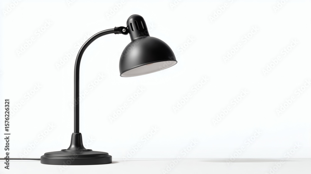 Obraz premium A modern, minimalist black desk lamp sits on a white surface, casting a gentle light.