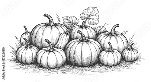 pumpkin harvest hand drawing  black and white — vintage doodle ink sketch on white background

