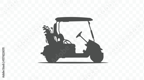 A dark grey silhouette of a golf cart filled with golf clubs on a transparent checkered background