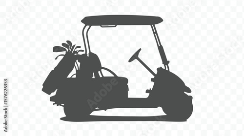 A detailed dark gray silhouette of a golf cart with a golf bag filled with clubs on the side