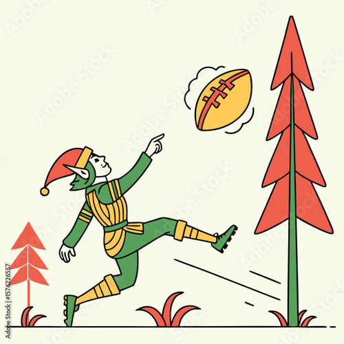Elf Kicker Launching a Fireball Football Festive Fantasy Illustration