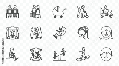 Collection of playful stick figure icons depicting families children and recreational activities in a charming silhouette style
