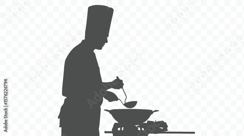 A chef in a tall hat and apron skillfully cooks in a wok on a stove creating a classic silhouette