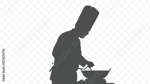 A chef in a tall hat stirs a wok on a stove captured in a classic silhouette style