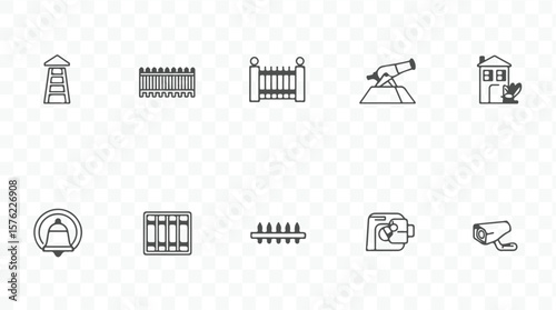 Collection of outdoor security and architectural elements including a tower fence gate telescope house bell and camera silhouette