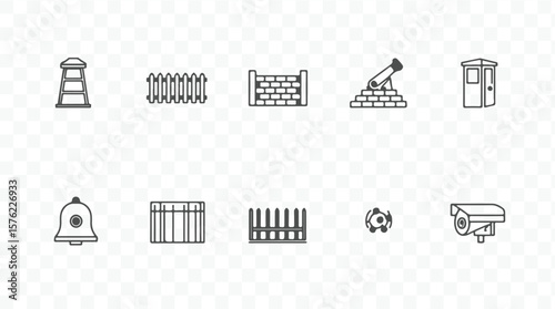 Collection of security and surveillance icons including a guard tower fences cannon booth bell and camera silhouette