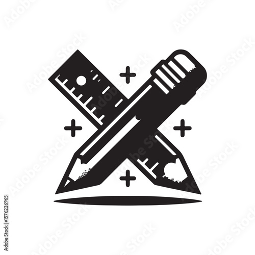 Silhouette Pencil and Ruler Vector Illustration, School instrument , black vector pencil and ruler image.